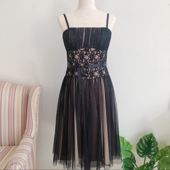 WHBM Black Lace Tulle Overlay Dress With Waist Tie - Picture 1 of 9